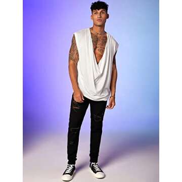 WDIRARA Men's Cowl Neck Draped Cap Sleeve Tank Top Summer Casual T Shirt Tops White L