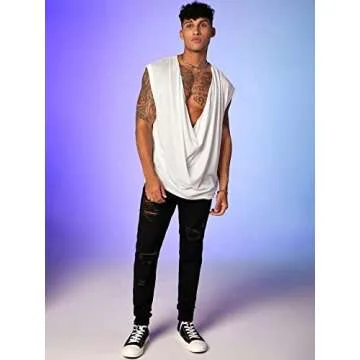 WDIRARA Men's Cowl Neck Draped Cap Sleeve Tank Top Summer Casual T Shirt Tops White L