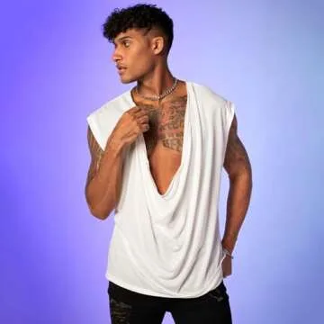 WDIRARA Men's Cowl Neck Draped Cap Sleeve Tank Top Summer Casual T Shirt Tops White L