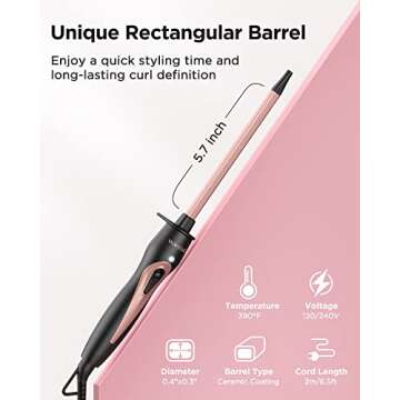 Wavytalk 3/8 Inch Small Curling Wand, Small Curling Iron, Super Skinny Rectangular Ceramic Barrel for Short & Long Hair, Dual Voltage Curling Wand, Instant Heat up to 390°F(Rose Gold)