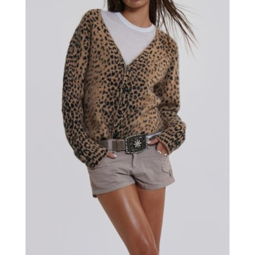 Women Leopard Print Long Sleeve V Neck Button Down Sweater Cardigan Casual Knit Lightweight Fall Winter Outwear Tops Brown