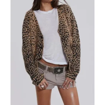Women Leopard Print Long Sleeve V Neck Button Down Sweater Cardigan Casual Knit Lightweight Fall Winter Outwear Tops Brown