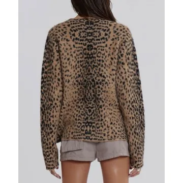 Women Leopard Print Long Sleeve V Neck Button Down Sweater Cardigan Casual Knit Lightweight Fall Winter Outwear Tops Brown