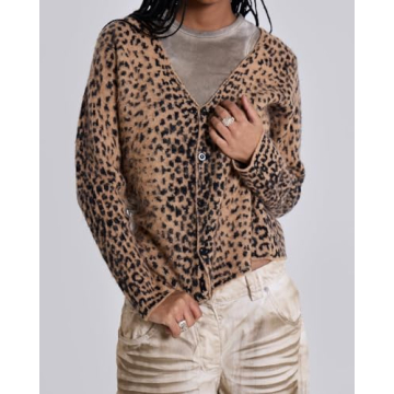 Women Leopard Print Long Sleeve V Neck Button Down Sweater Cardigan Casual Knit Lightweight Fall Winter Outwear Tops Brown