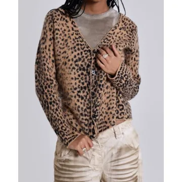 Women Leopard Print Long Sleeve V Neck Button Down Sweater Cardigan Casual Knit Lightweight Fall Winter Outwear Tops Brown