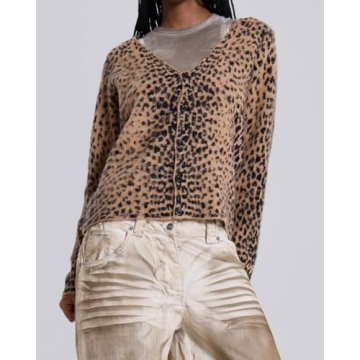 Women Leopard Print Long Sleeve V Neck Button Down Sweater Cardigan Casual Knit Lightweight Fall Winter Outwear Tops Brown