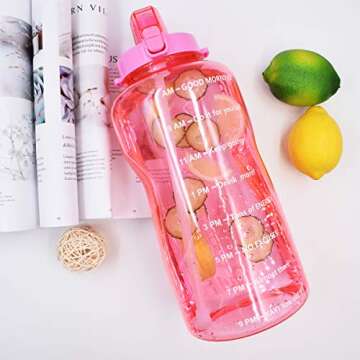 BuildLife Motivational Half Gallon Water Bottle BPA Free Wide Mouth with Straw & Time Marker to Ensure You Drink Enough Water Throughout The Day(64OZ,Light Pink)