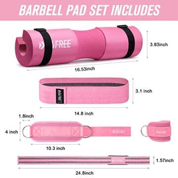 G4Free 9Pcs Barbell Pad Set for Squat, Hip Thrusts, Lunges, Leg day, Standard Olympic Bars with 2 Gym Ankle Safety Straps, 3 Hip Resistance Bands, 2 Lifting Strap, Barbell Pad, and Carry Bag (Pink)