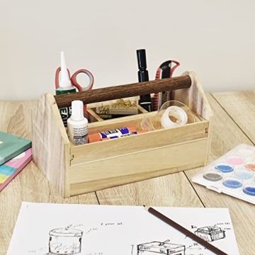 Ikee Design Small Natural Wood Color Wooden Craft Tool Box Caddy with a Handle for Storage Tool, Makeup, Collections with 5 Compartments for Storage and Organizing, 10 W x 5.1 D x 3.5 H in