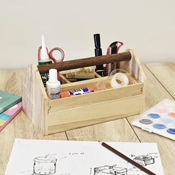 Ikee Design Small Natural Wood Color Wooden Craft Tool Box Caddy with a Handle for Storage Tool, Makeup, Collections with 5 Compartments for Storage and Organizing, 10 W x 5.1 D x 3.5 H in