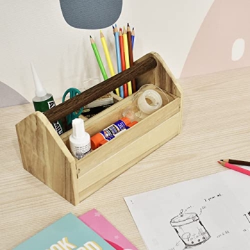 Ikee Design Small Natural Wood Color Wooden Craft Tool Box Caddy with a Handle for Storage Tool, Makeup, Collections with 5 Compartments for Storage and Organizing, 10 W x 5.1 D x 3.5 H in