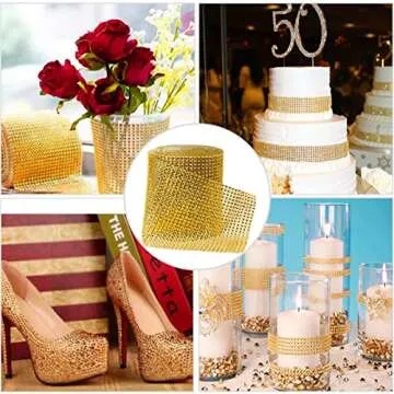 Bling Rhinestone Diamond Mesh Ribbon Wrap,Storystore Silver Acrylic Bling Diamond Wrap Ribbon for Wedding, Cake, Vase Decorations, Party Supplies (30Ft Silver 30Ft Gold)