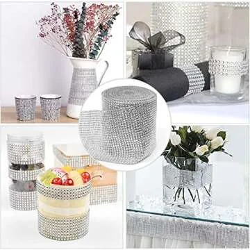 Bling Rhinestone Diamond Mesh Ribbon Wrap,Storystore Silver Acrylic Bling Diamond Wrap Ribbon for Wedding, Cake, Vase Decorations, Party Supplies (30Ft Silver 30Ft Gold)