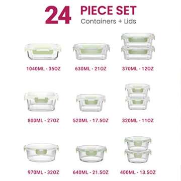 FineDine 24 Piece Glass Storage Containers with Lids - Leak Proof, Dishwasher Safe Glass Food Storage Containers for Meal Prep or Leftovers (24 Piece, Green)