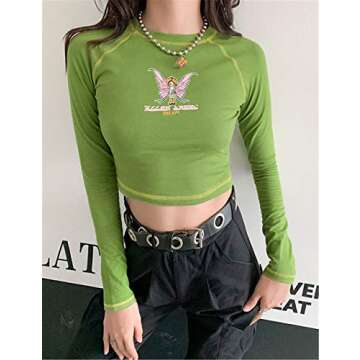 MISSACTIVER Women’s E-Girl Graphic and Letter Printing Stitch Crop Tops Summer O Neck Short Sleeve...