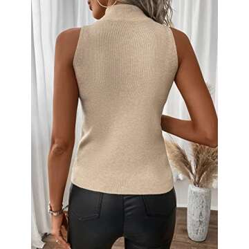 SOLY HUX Women's Mock Turtle Neck Slim Fit Ribbed Tank Top in Khaki Small