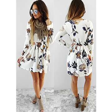 Angashion Womens Dresses Casual Floral Print Long Sleeve Swing Pleated Skater A Line Mini Dress,White,X-Large