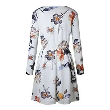 Angashion Womens Dresses Casual Floral Print Long Sleeve Swing Pleated Skater A Line Mini Dress,White,X-Large