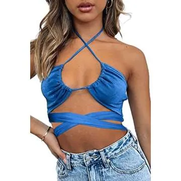 CHYRII Sexy Halter Criss Cross Crop Top - Trendy Blue