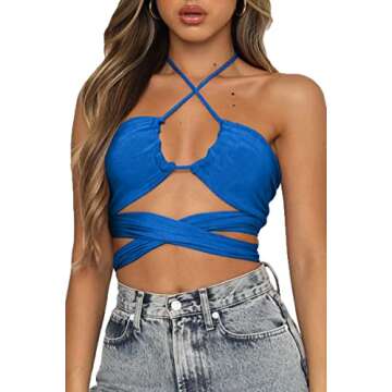 CHYRII Sexy Halter Criss Cross Crop Top - Trendy Blue