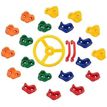 Mlian 20 PCS Rock Climbing Holds Set, 2 PCS Rock Wall Grips Safety Handles, 1 PC Steering Wheel Pira...