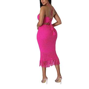 Women Plus Two-Piece Skirt Set Tassel Fishing Net Knittin Hollow Out Off Shoulder Beach Dresses Rose...