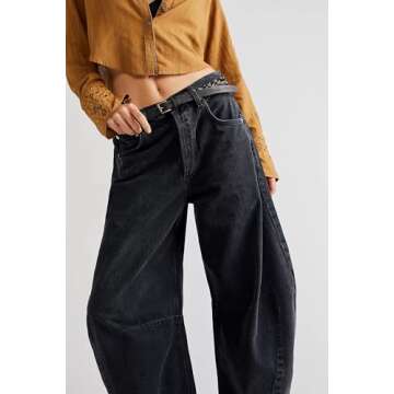 Allimy Womens Jeans High Waisted Mid Rise Ripped Baggy Loose Fit Ankle Barrel Y2K Boyfriend Horseshoe Raw Hem Wide Leg Jeans for Women Trendy 2025 Denim Capri Pants Women Black Size 2