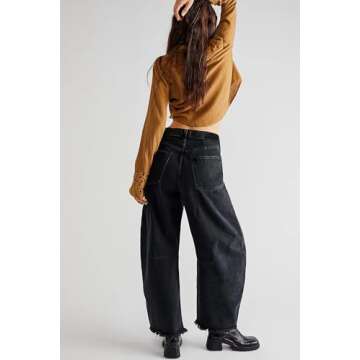 Allimy Womens Jeans High Waisted Mid Rise Ripped Baggy Loose Fit Ankle Barrel Y2K Boyfriend Horseshoe Raw Hem Wide Leg Jeans for Women Trendy 2025 Denim Capri Pants Women Black Size 2