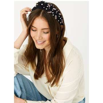 ZOLEAROPY Jeweled Knotted Headband - Pearl Rhinestone Embellished Wide Top Knot Hairband Headpiece for Sports Game Day Hair Accessory Gift