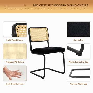 COLAMY Mid Century Modern Dining Chairs Set of 4, Velvet Rattan Dining Room Kitchen Side Chairs with Upholstered Seat and Metal Chrome Legs for Home, Living Room, Bedroom - Black