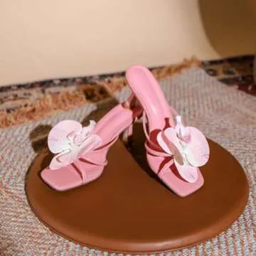 YIYA Summer Pink Flower Mules Kitten Heels for Women