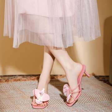 YIYA Summer Pink Flower Mules Kitten Heels for Women