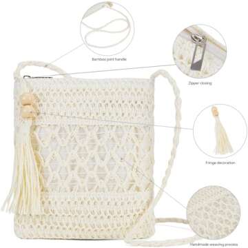 Small Beach Straw Purse For Women: White Straw Bags Crossbody Shoulder Handbags - Raffia Woven Tote Purse For Summer Vacation