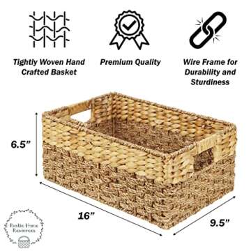 Medium Wicker Baskets for Storage, Natural, Seagrass and Hyacinth Woven Baskets for Décor with Built-In Handles, Rectangular, Shelf Organizing for Bedroom, Bathroom, Medium Size - 15.5x9.5x6.5 in