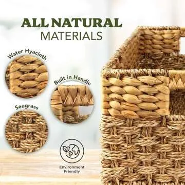 Medium Wicker Baskets for Storage, Natural, Seagrass and Hyacinth Woven Baskets for Décor with Built-In Handles, Rectangular, Shelf Organizing for Bedroom, Bathroom, Medium Size - 15.5x9.5x6.5 in