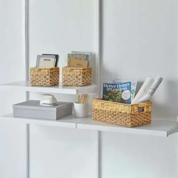 Medium Wicker Baskets for Storage, Natural, Seagrass and Hyacinth Woven Baskets for Décor with Built-In Handles, Rectangular, Shelf Organizing for Bedroom, Bathroom, Medium Size - 15.5x9.5x6.5 in