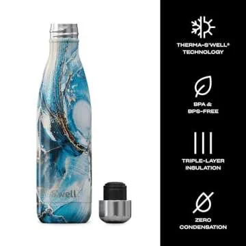 S'well Stainless Steel Water Bottle, 17oz, Ocean Marble, Triple Layered Vacuum Insulated Containers Keeps Drinks Cold for 36 Hours and Hot for 18, BPA Free, Perfect for On the Go