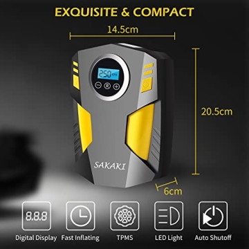 SAKAKI Portable Tire Inflator with Digital Display and LED Light