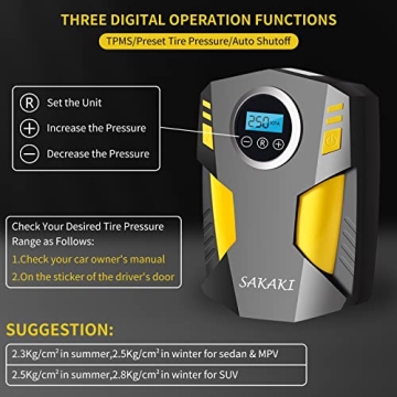 SAKAKI Portable Tire Inflator with Digital Display and LED Light
