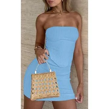 CHYRII Womens Sexy Summer Two Piece Outfits Bandeau Going Out Crop Tops Bodycon Skirt Sets Mini Dress Blue L