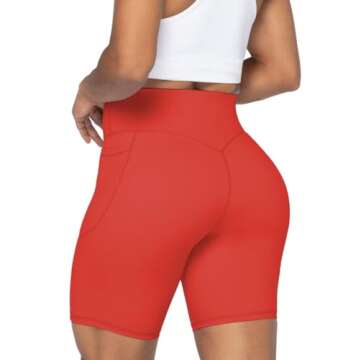 Sunzel No Front Seam Biker Shorts for Women with Pockets, Yoga Workout Gym Bike Shorts with Tummy Control 8" Red Medium