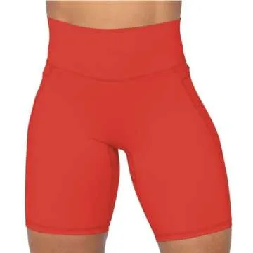 Sunzel No Front Seam Biker Shorts for Women with Pockets, Yoga Workout Gym Bike Shorts with Tummy Control 8" Red Medium