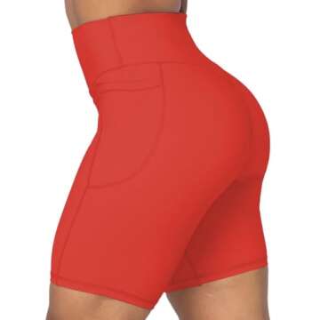 Sunzel No Front Seam Biker Shorts for Women with Pockets, Yoga Workout Gym Bike Shorts with Tummy Control 8" Red Medium