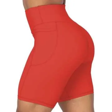 Sunzel No Front Seam Biker Shorts for Women with Pockets, Yoga Workout Gym Bike Shorts with Tummy Control 8" Red Medium