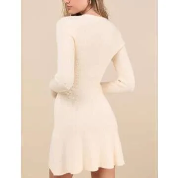 Bozanly Women's Elegant Deep V Neck Long Sleeve Button Front Ribbed Knit Mini Dress Sexy Sweater Dresses