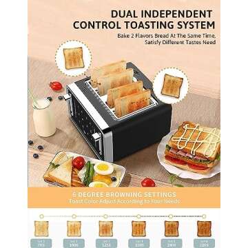 Gevi Toaster 4 Slice,Led Display Touchscreen Bagel Toaster with Dual Control Panels of Bagel/Reheat/Defrost/Cancel/Toasting One Slice/Longer Function,6 Shade Setting