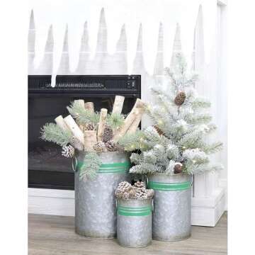 AuldHome Design Galvanized Greenery Buckets (Set of 3), Large, Medium, and Small Metal Farmhouse Style Galvanized Cans w/Green Ribbon Motif
