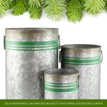 AuldHome Design Galvanized Greenery Buckets (Set of 3), Large, Medium, and Small Metal Farmhouse Style Galvanized Cans w/Green Ribbon Motif