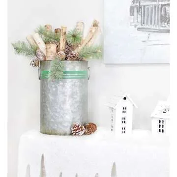 AuldHome Design Galvanized Greenery Buckets (Set of 3), Large, Medium, and Small Metal Farmhouse Style Galvanized Cans w/Green Ribbon Motif