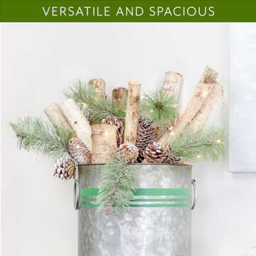 AuldHome Design Galvanized Greenery Buckets (Set of 3), Large, Medium, and Small Metal Farmhouse Style Galvanized Cans w/Green Ribbon Motif